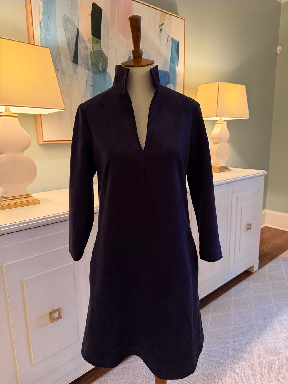 Classic Navy V-Neck faux suede Shift Dress - Women's